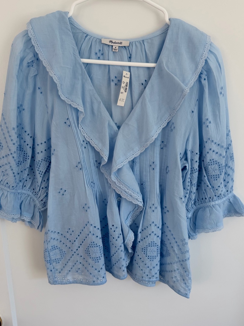 Madewell Blue Pintuck Ruffle Puff Sleeve Top M NWT - Picture 2 of 9